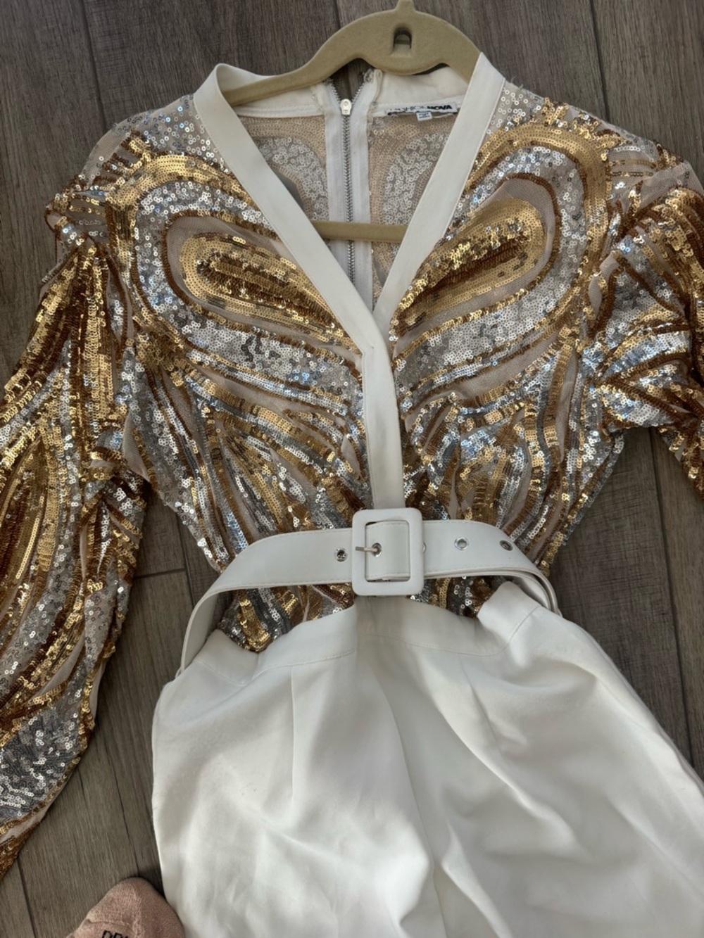 Sequin Gold & White Wide-Leg Jumpsuit - Picture 3 of 5